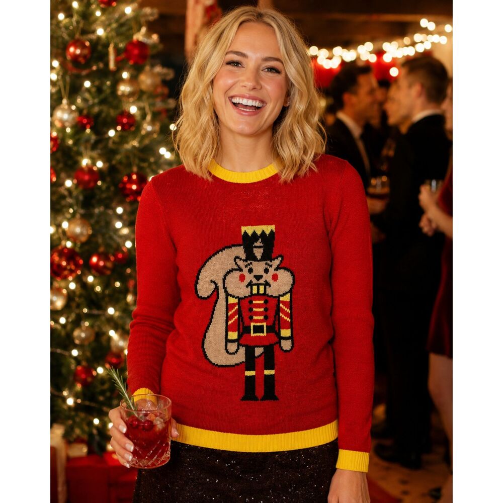 Norther Pole Women's Medium Squirrel Nutcracker Christmas Ugly Sweater Red Gold